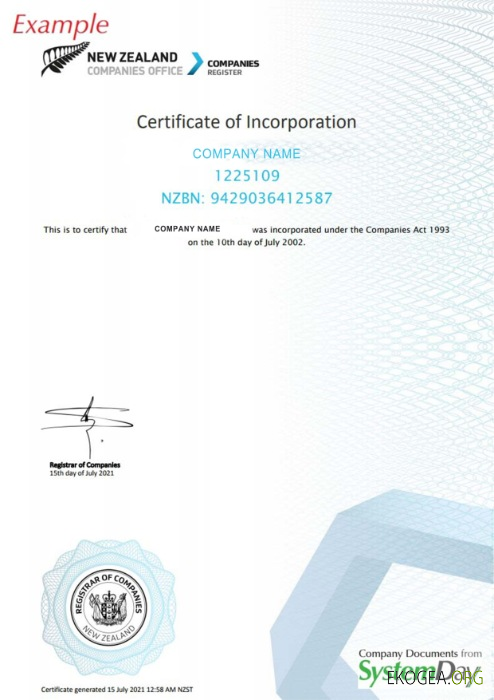 Certificat d'enregistrement de Nouvelle Zélande